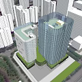 Modern Twin Office Buildings With Glass Curtain Walls Base Podium And Urban Setting