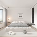 Modern Bedroom With Large Window Gray Bedding White Bed Frame And Wall Art 3d model