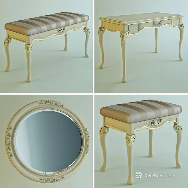 Elegant Sofa Bench With Striped Cushion And Carved Cream Legs 3d model 