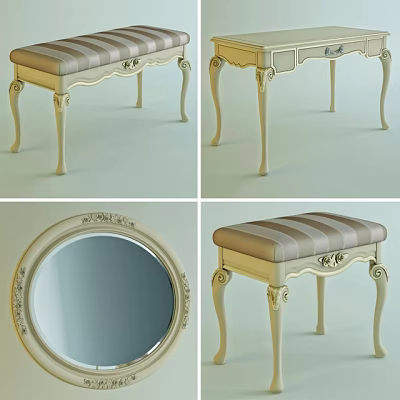 Elegant Sofa Bench With Striped Cushion And Carved Cream Legs 3d model