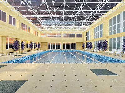 Spacious Indoor Swimming Pool Featuring Metal Ceiling Large Windows Lounge Chairs And Tiled Floor 3d model