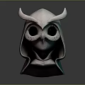 Cartoon Style Hooded Mask With Horns And Large Dark Eyes On Dark Background