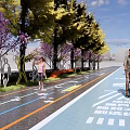 Road Facilities Featuring Colored Lanes Bicycle Path Flowering Trees For Pedestrians And Cyclists 3d model