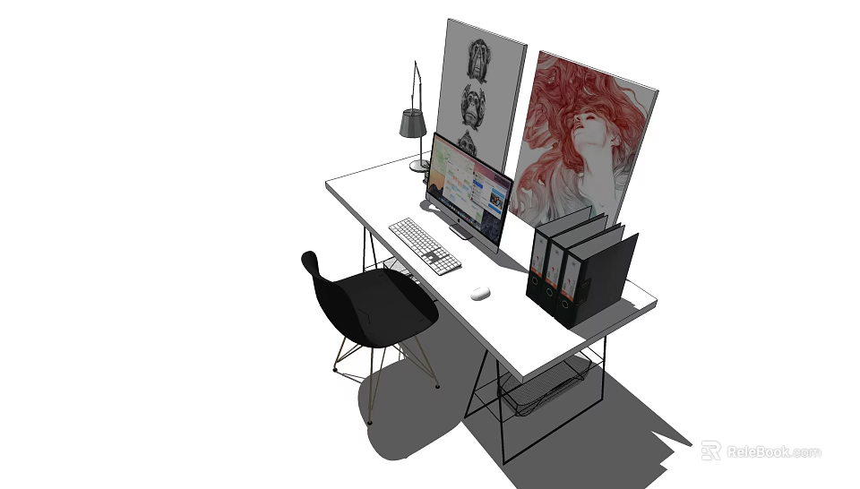 Modern White Desk Setup with Computer Monitor Lamp Folders Black Chair and Wall Art 3d model 