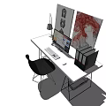Modern White Desk Setup with Computer Monitor Lamp Folders Black Chair and Wall Art