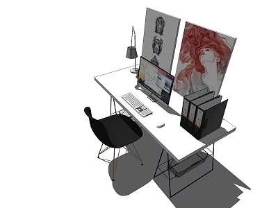 Modern White Desk Setup with Computer Monitor Lamp Folders Black Chair and Wall Art 3d model
