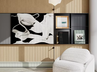White Single Sofa In Modern Living Room With Wooden Wall And Black White Painting 3d model