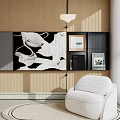 White Single Sofa In Modern Living Room With Wooden Wall And Black White Painting