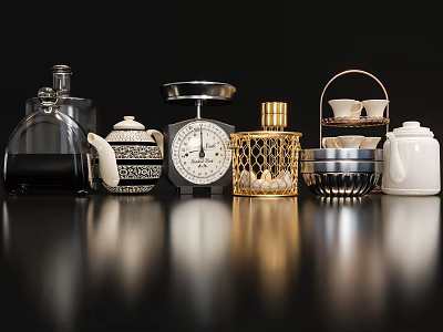 Stylish Kitchenware Collection Including Silver Scale Teapot Gold Container and Cups on Shiny Black Surface 3d model