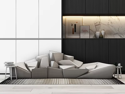 Geometric Abstract Sofa In Modern Living Room With Area Rug And Side Tables 3d model