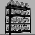Black Multi Tiered Shelving Unit With Neatly Arranged Silver Dumbbell Plates