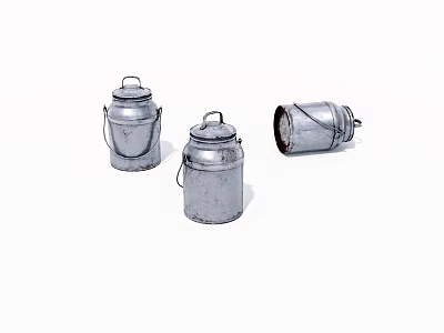 Three Silver Metal Milk Cans With Lids And Handles For Household Supplies 3d model