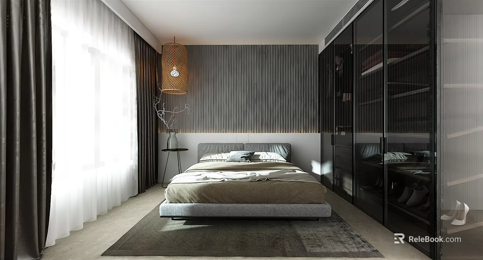 Modern Bedroom Interior With Grey Striped Wall Glass Wardrobe Pendant Lamp And Rug 3d model 