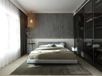 Modern Bedroom Interior With Grey Striped Wall Glass Wardrobe Pendant Lamp And Rug 3d model
