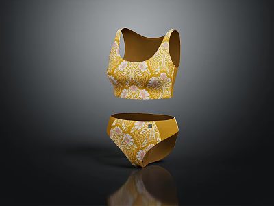 Elegant Yellow Underwear Set With White Floral Pattern Bra And Briefs 3d model