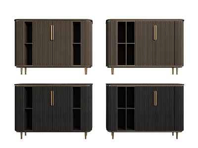 Modern Dark Brown Wooden Console Sideboard Cabinet With Vertical Stripes High Legs And Metal Handles 3d model