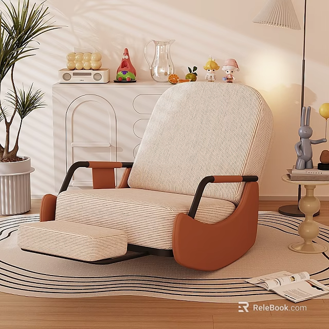 Beige Striped Lazy Sofa With Orange Armrests Ottoman And Decorative Items In Cozy Living Room 3d model 
