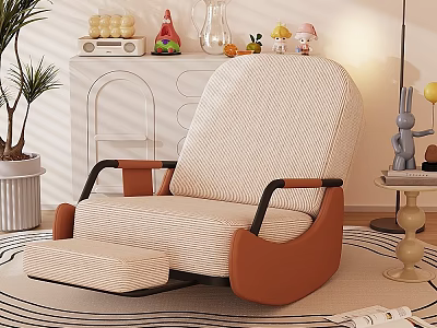 Beige Striped Lazy Sofa With Orange Armrests Ottoman And Decorative Items In Cozy Living Room 3d model