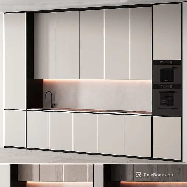 Modern Kitchen Cabinets With White Panels Black Frames Built in Oven And Countertop Lighting 3d model 