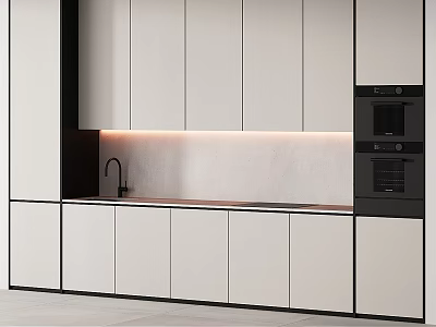 Modern Kitchen Cabinets With White Panels Black Frames Built in Oven And Countertop Lighting 3d model