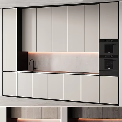 Modern Kitchen Cabinets With White Panels Black Frames Built in Oven And Countertop Lighting 3d model
