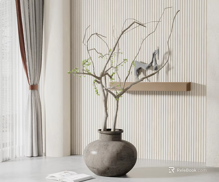 Natural Indoor Bonsai Plant in Clay Pot with Twigs Green Leaves and Striped Wall 3d model 