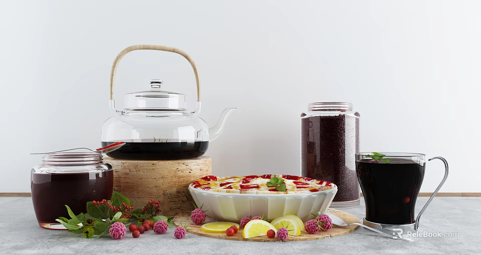 Fresh Fruit Dessert in White Bowl with Lemon Slices Berries Glass Jars and Teapot 3d model 