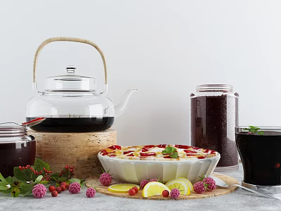 Fresh Fruit Dessert in White Bowl with Lemon Slices Berries Glass Jars and Teapot 3d model