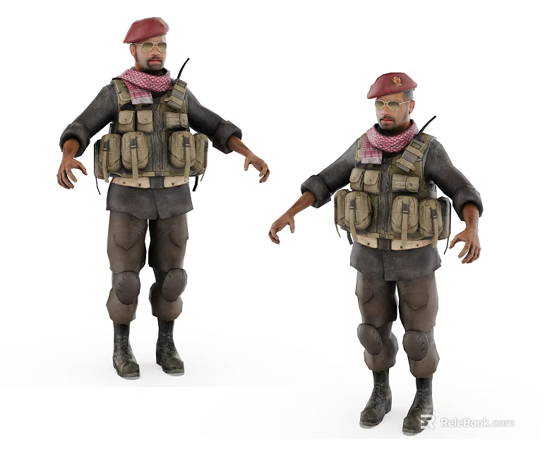 Game Movie Character In Red Beret Tactical Vest Scarf Dark Pants And Boots 3d model 
