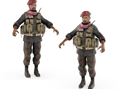 Game Movie Character In Red Beret Tactical Vest Scarf Dark Pants And Boots 3d model