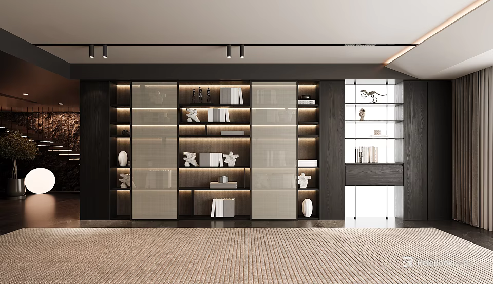 Elegant Modern Bookcase With Glass Doors Built In Lighting And Decorative Shelves 3d model 