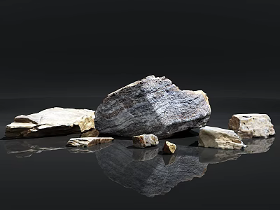 Natural Stones And Wood Pieces In Various Sizes And Shapes With Black Smooth Surface Reflections 3d model