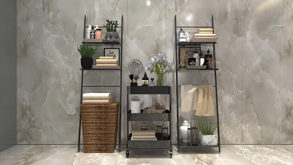 Home Storage Metal Shelves With Wicker Basket Plants Towels And Decor Items 3d model 