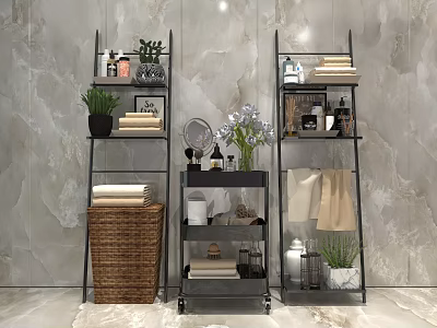 Home Storage Metal Shelves With Wicker Basket Plants Towels And Decor Items 3d model