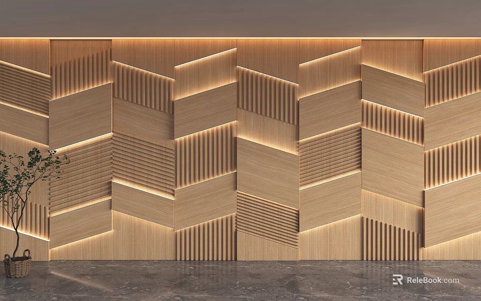 Modern Wooden Sofa Accent Wall With Geometric Patterns And Lighting 3d model 