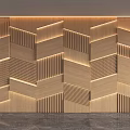 Modern Wooden Sofa Accent Wall With Geometric Patterns And Lighting