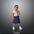 Little Girl In White Top And Blue Skirt Standing On Reflective Floor With Gray Background