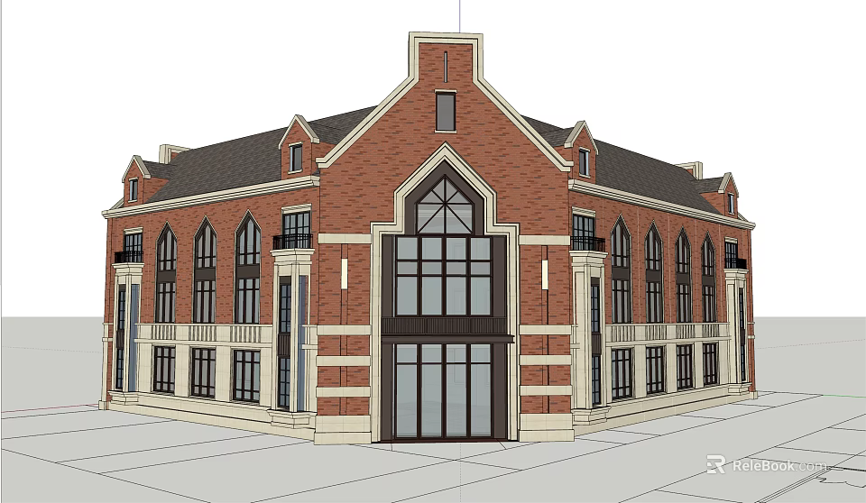 Classical Red Brick Commercial Complex With Large Windows And Arched Entrance 3d model