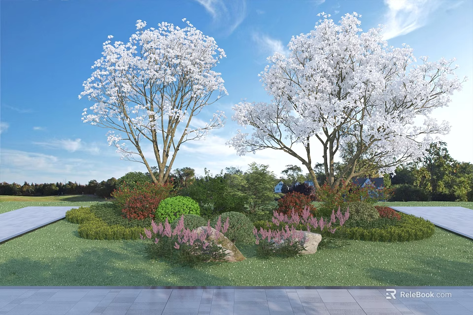 Elegant Trees With White Flowers Green Lawn And Colorful Shrubs Under Blue Sky 3d model 