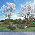 Elegant Trees With White Flowers Green Lawn And Colorful Shrubs Under Blue Sky