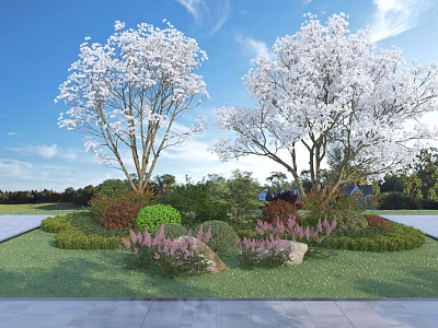 Elegant Trees With White Flowers Green Lawn And Colorful Shrubs Under Blue Sky 3d model