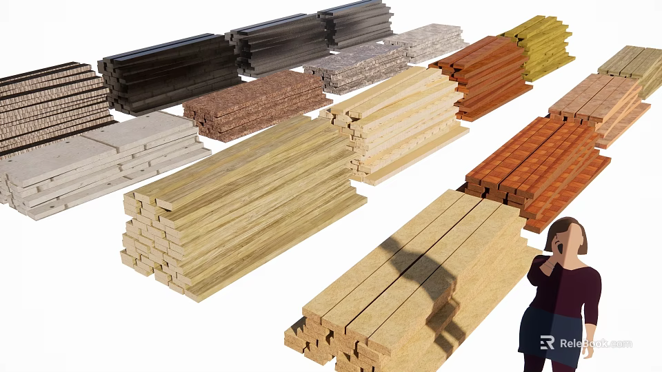 Various Types of Stone and Wood Materials Stacked for Building Projects 3d model 