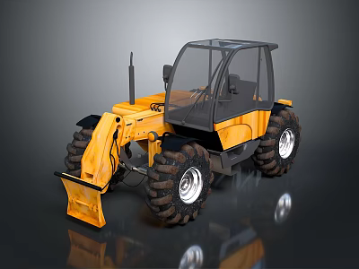 Yellow Utility Vehicle Design With Large Tires Front Bucket And Reflective Surface 3d model