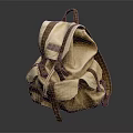 Beige Canvas Backpack With Brown Leather Trim And Multiple Pockets