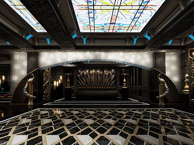 Luxurious KTV Interior Design With Stained Glass Ceiling And Golden Decor Details 3d model