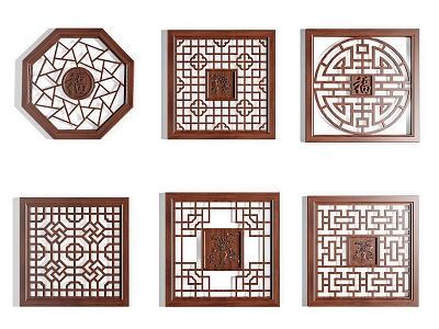 Chinese-style hollow-out lattice square carved solid wood window flower hollow partition screen lattice window 3d model