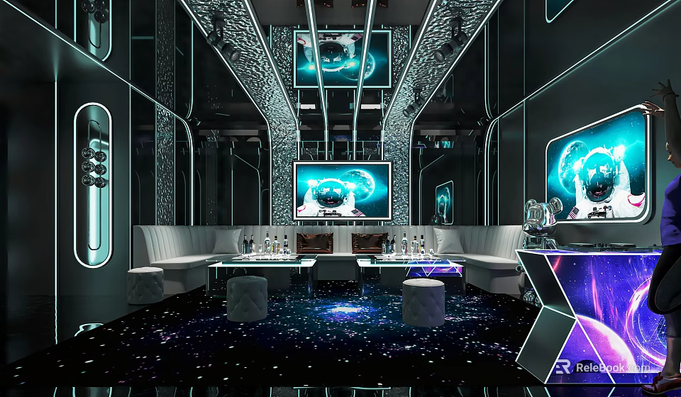 Modern KTV Interior With Neon Lights Large LED Screen And Futuristic Decor 3d model 