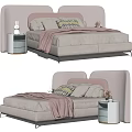 Modern Kids Bed With Pink Curved Headboard Soft Bedding And Side Table 3d model