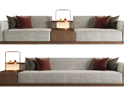 Modern Gray Fabric Sectional Sofa With Red Gray Cushions Wooden Side Table And Fruit Basket 3d model