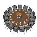 Round Dining Table Set With Black Chairs Brown Tablecloth Tableware And Centerpiece
